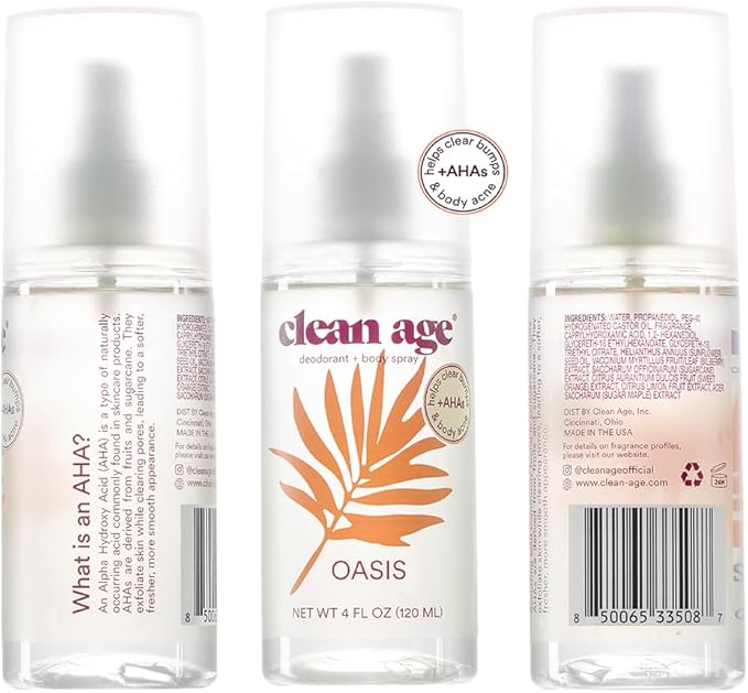 Aluminum Free Deodorant & Body Spray for Whole Body - Oasis 4oz (2 Pack) Clean Deodorant and Body Spray for Teen Boys and Girls - With AHA For Body Acne - Body Spray for Teens Formula
