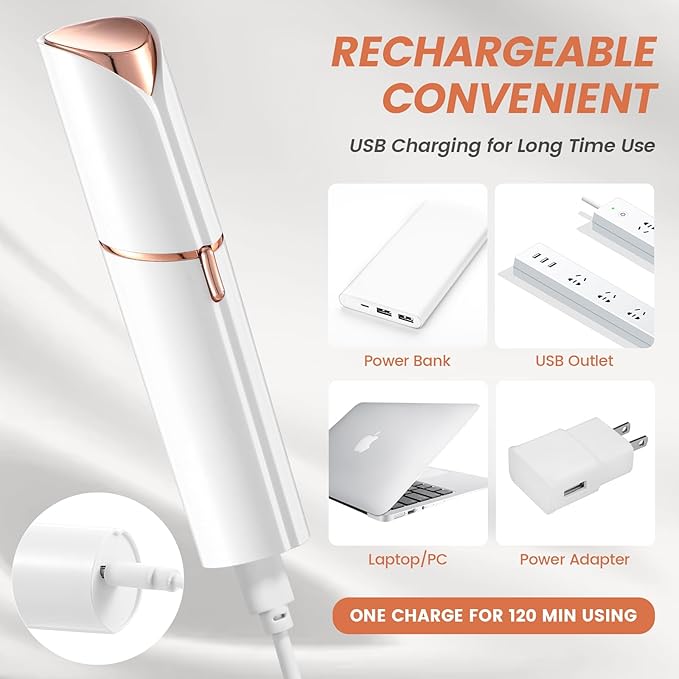 Facial Hair Removal for Women- as Seen on TV Painless Face Shaver -Painless Womens Facial Hair Remover with 2 Replacement Heads, Lipstick-Sized, USB Rechargeable（White）