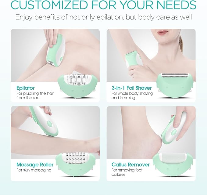 Epilator for Women-Cordless Epilators Hair Removal for Women, 4-in-1 Electric Razor Hair Remover, 2 Speeds & 21 Tweezers for Face Legs Arms Armpit Bikini, Green HR310