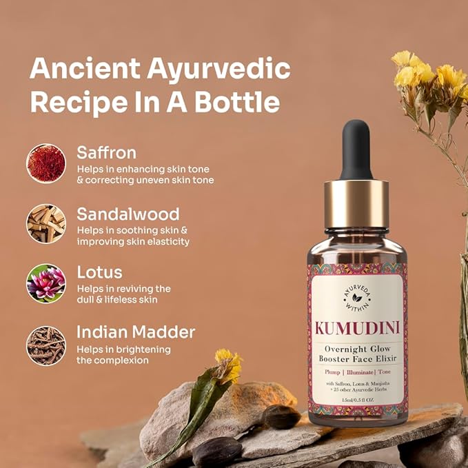 Kumudini Oil | Overnight Glow Booster Face Elixir | Ancient Secret for Radiant Skin, Balanced Skin Tone & Smoother Skin | Nourishing Facial Serum Oil | 30ml Serum