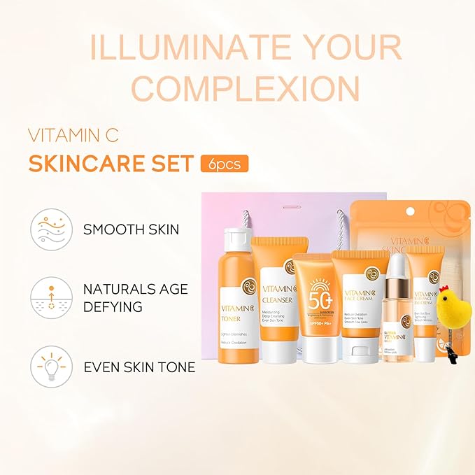 Vitamin C Facial Skin Care Set for Women, 8 In 1 Skincare Gift Set for Teenage Girls, Travel Skincare Set, Hydrating, Smooth