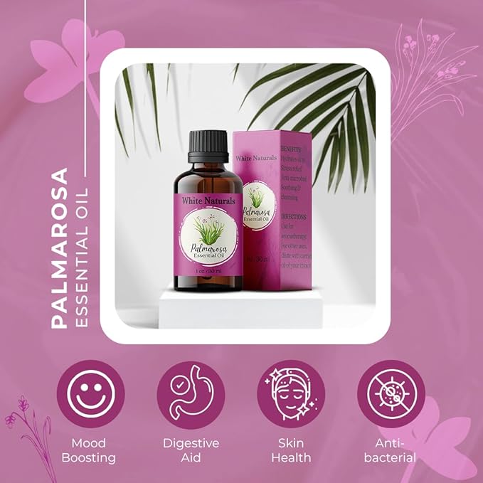 White Naturals Palmarosa Essential Oil – 100% Pure & Natural Palmarosa Oil, Floral & Fresh Aroma, Ideal for Aromatherapy, Skin Care & DIY Beauty, 1oz
