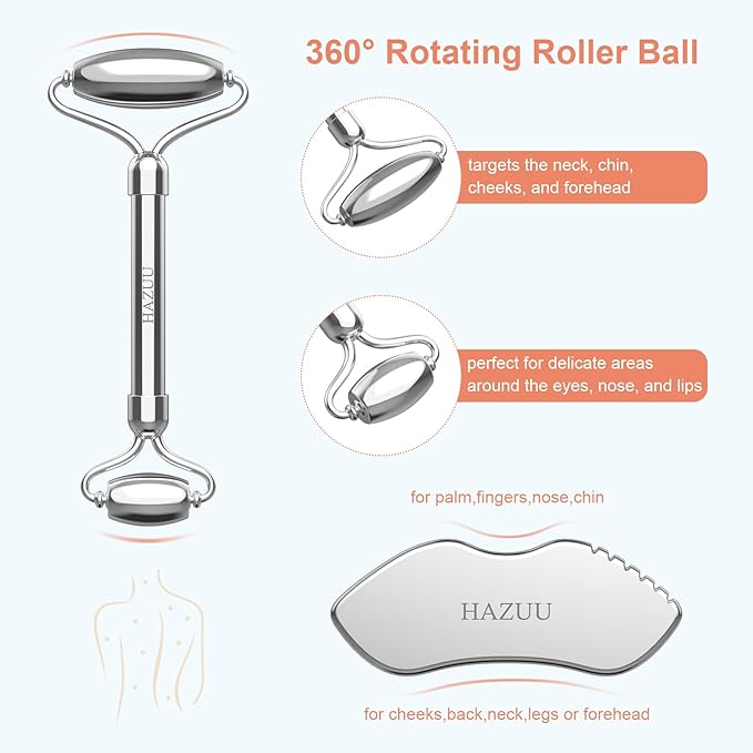 Stainless Steel Gua Sha & Face Rollers - Metal Roller for Eyes & Neck, Anti-Aging Facial Massage Tools, Gua Sha Facial Tool Kit (JGS-1)
