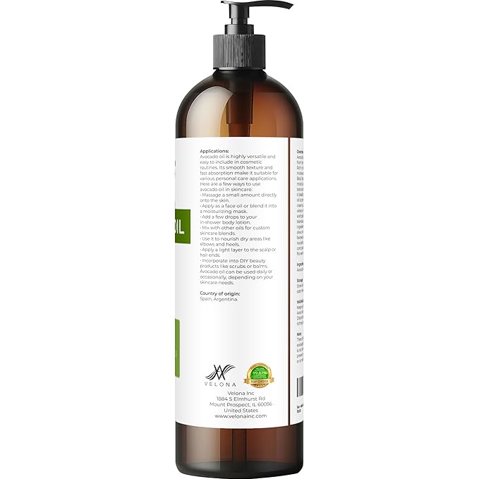 velona Avocado Oil 8 Fl Oz | 100% Pure and Natural Carrier Oil | Expeller-Pressed | Hair, Body and Skin Care | Use Today - Enjoy Results