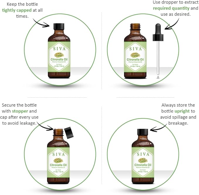 Siva Citronella Essential Oil - 4 Fl Oz – Natural Citronella Oil - for Diffuser, Face, Skin Care, Aromatherapy, Hair Care, Scalp and Body Massage - with Dropper