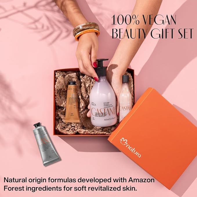 Natura - Ekos Castanha Collection Bio-Beauty Gift Set (4 Products) - Body Lotion, Hand Cream, Foot Cream, Shower Gel - Gift Box - Vegan Skin Care - Brazilian Beauty Secrets - Self Care & Body Care