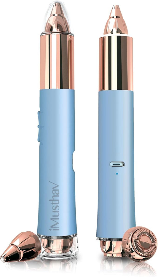 2-in-1 Portable Rechargeable Painless Eyebrow Trimmer & Facial Hair Remover, removes eyebrow, face, lips and body hair for women. 18K gold plated hypoallergenic heads, 360° LED light for Hair Remover