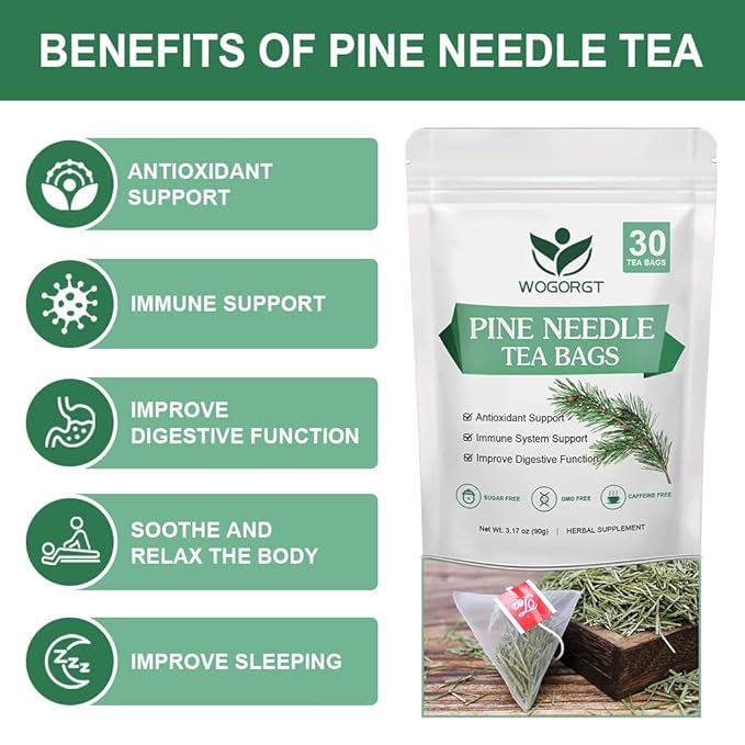 Organic Dried Pine Needle Tea Bags - Pine Needle Herbal Tea for Immune Support & Antioxidant, Caffeine Free, Natural Suramin, 30 Tea bags