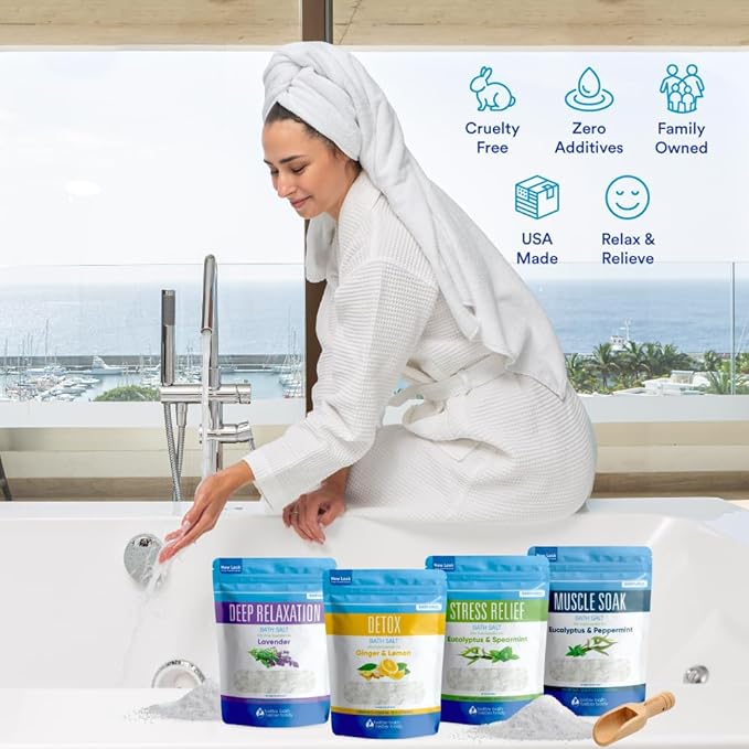 Bath Salts Sampler (4-Pack of 2-lbs) Variety Bath Soaks with Bamboo Scoop