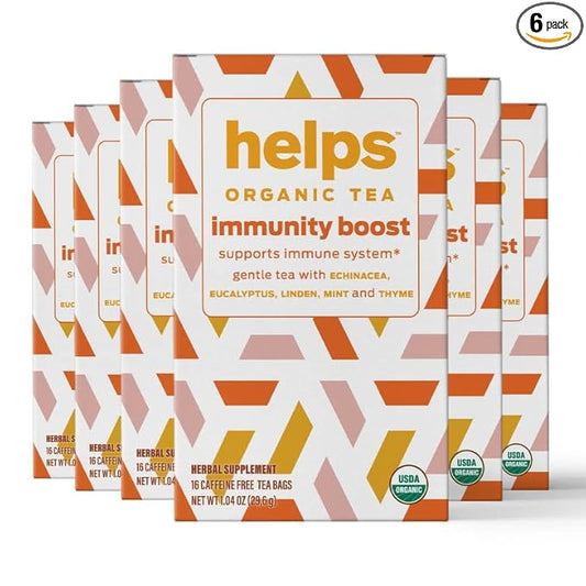 HELPS TEAS | Helps Immunity Boost Tea | Organic herbal blend of Echinacea, Eucalyptus, Mint, Linden, Thyme and Natural Honey Flavor. Facilitates Respiratory Health | 16 Tea Bags - Pack of 6 |