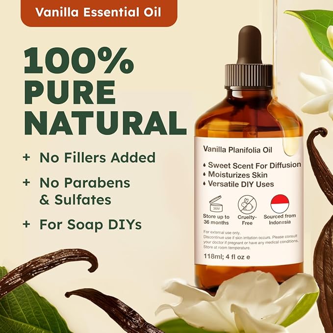Kukka Vanilla Essential Oil for Diffuser & Skin - 4 Fl Oz - 100% Natural Vanilla Oleoresin Essential Oil - Long Lasting Perfume - Mother's Day Gift Soap Making Scent & DIY
