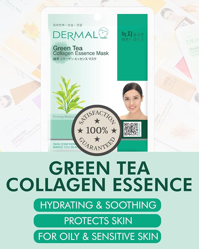DERMAL Green Tea Collagen Essence Facial Mask Sheet 23g Pack of 10 - Hydrating and Soothing for Sensitive Oily Skin, Revitalize Dull Skin, Daily Skin Treatment Solution Sheet Mask