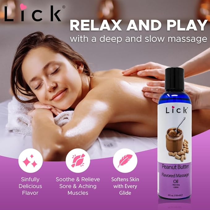 Lick Peanut Butter Flavored Massage Oil with Vitamin E, Coconut, Sweet Almond Oil for Lovemaking, Date Night, Nuru Yoni Massage Therapy, Safe & Edible 4 oz