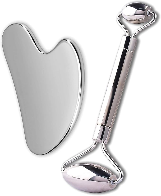 Gua Sha Facial Tools Stainless Steel Face Roller and Gua Sha Set for Puffiness and Skin Care Routine,Lymphatic Drainage, Facial Tension