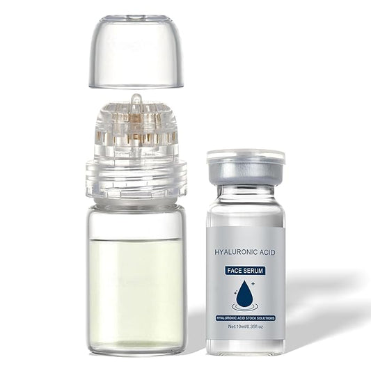 Microrevive Titanium Micro Infusion Facial System - Home Microneedling Kit with Collagen-Stimulating Derma Stamp & Premium Hyaluronic Acid Serum - Set Includes 1 Serum, 1 Applicator & 1 Dropper