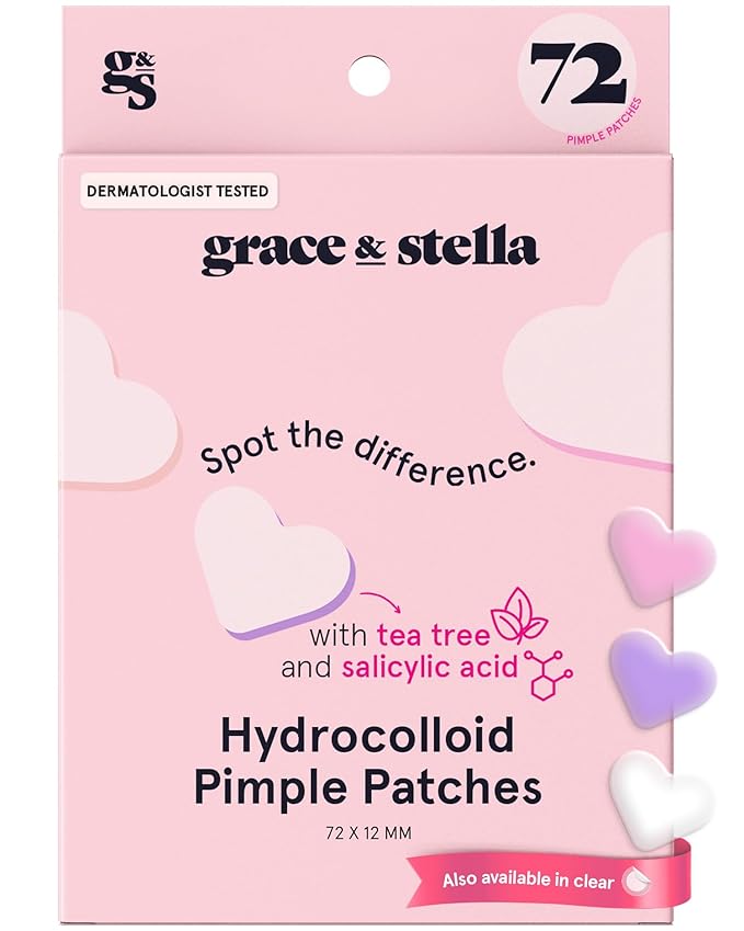 grace & stella Pimple Patches for Face- Heart Hydrocolloid Zit Stickers that Help Soothe & Conceal Breakouts - Colorful Covers for Acne Prone Skin - Dermatologist-Tested, Vegan (Heart, 72 Count)