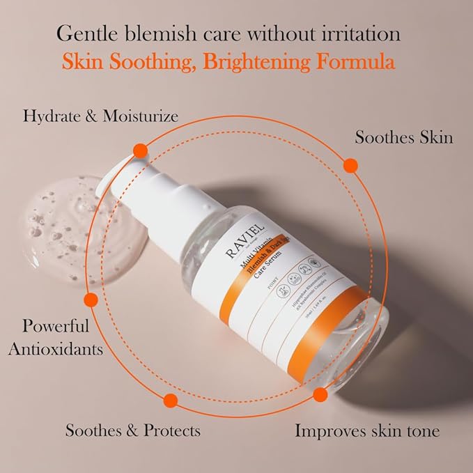 RAVIEL Multi Vitamin Dark Spot & Blemish Face Serum | 7 Hyaluronic Acid for Deep Hydration & Brightening for All Skin Types | Snail Mucin, Anti Aging, Korean Skincare (1.69 fl oz)