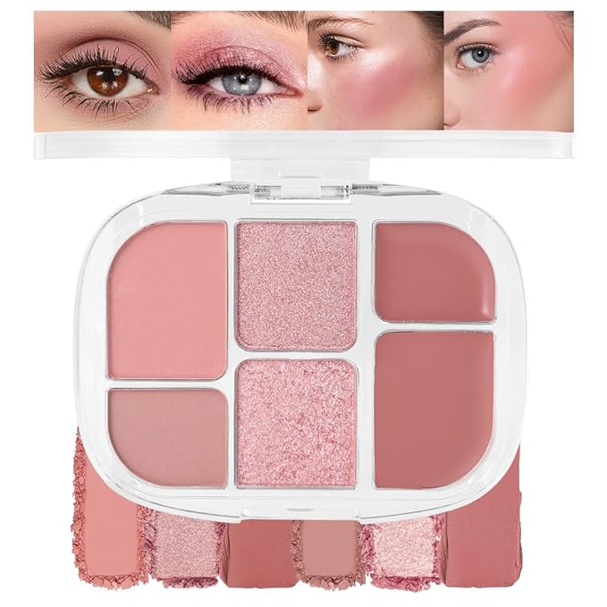 6-in-1 Cream & Powder Makeup Palette – Blush Highlighter & Eyeshadow, Matte & Shimmer Rose Nude Tones, Travel-Friendly Compact for Daily & Travel Use 02