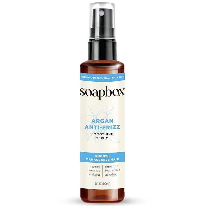 Soapbox Argan Oil Smoothing Serum, Anti-Frizz Serum For All Hair Types with Shea Butter & Vitamin E Repairs Damage & Controls Flyaways - Vegan, Cruelty and Gluten Free (5 Fl oz)