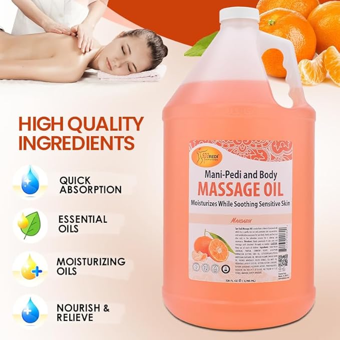 SPA REDI - Mandarin Scented Massage Therapy Oil, 128 Oz - Full Body Massage, Almond, Cotton Seed, Sunflower, Avocado & Essential Oils, Vitamin E