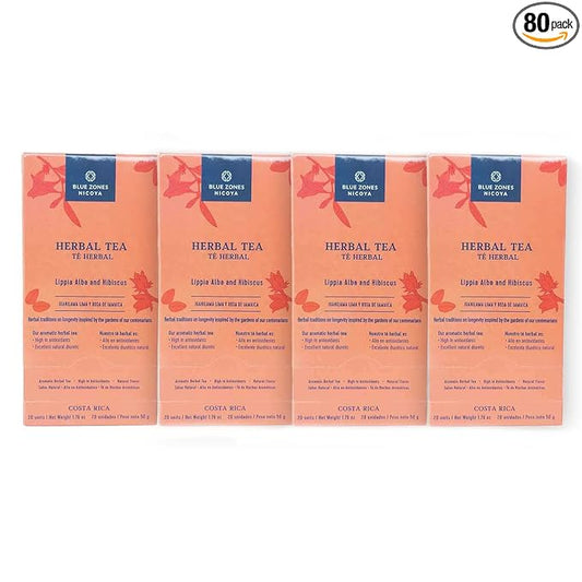 Blue Zones Nicoya - Lippia Alba & Hibiscus Flavored Tea Bags - 100% Natural, Organic, and Refreshing - High Micronutrients - Gluten, Caffeine, Sugar-Free - 4 Packs of 20