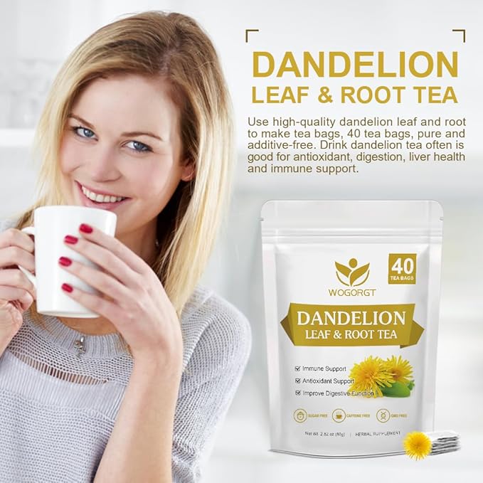 Dried Dandelion Leaf & Root Tea - Natural Dandelion Herbal Tea for Liver Support, Antioxidant, Digestion and Immune Support, Caffeine Free - 40 Tea Bags