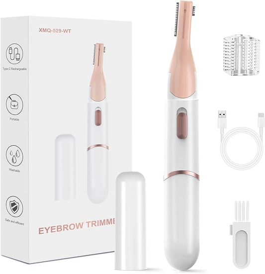 Eyebrow Trimmer, Women's Facial Hair Remover ＆ Eyebrow Trimmer with Pivoting Head - Rechargeable Double-Sided Eyebrow Razor with Comb, Portable Eyebrow Razor Electric, Easy Cleaning (White)