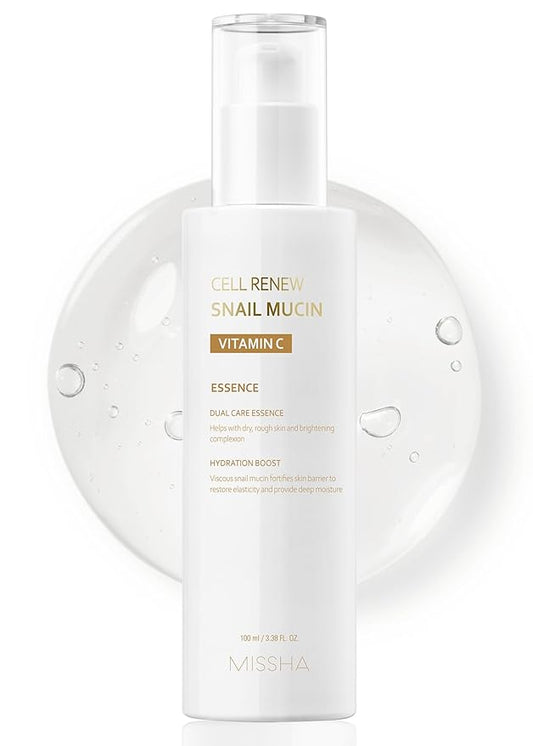 MISSHA Cell Renew Snail Mucin Vitamin C Essence Serum 3.38 Fl oz - Hydrating Korean Skincare for Glass Skin, Snail Mucin Serum for Improved Skin Texture & Complexion, Mother's Day gifts