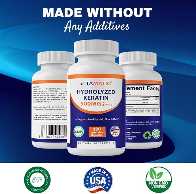 Vitamatic Hydrolyzed Keratin 500mg per Serving - 120 Vegetarian Capsules - Keratin Supplements for Healthy Hair Skin & Nails for Adults
