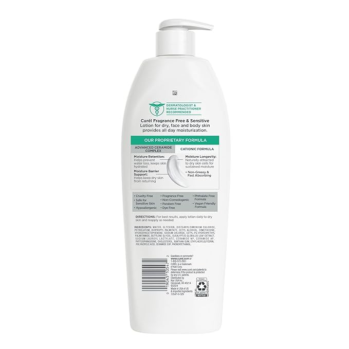 Curel Fragrance Free Comforting Body Lotion, Unscented Dry Skin Moisturizer for Sensitive Skin, with Advanced Ceramide Complex, Repairs Moisture Barrier, 20 oz