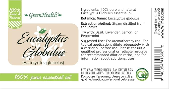GreenHealth - Eucalyptus Globulus Essential Oil – 16 fl oz (473 ml) Aluminum Bottle w/Plug Cap – 100% Pure, Uncut, Undiluted