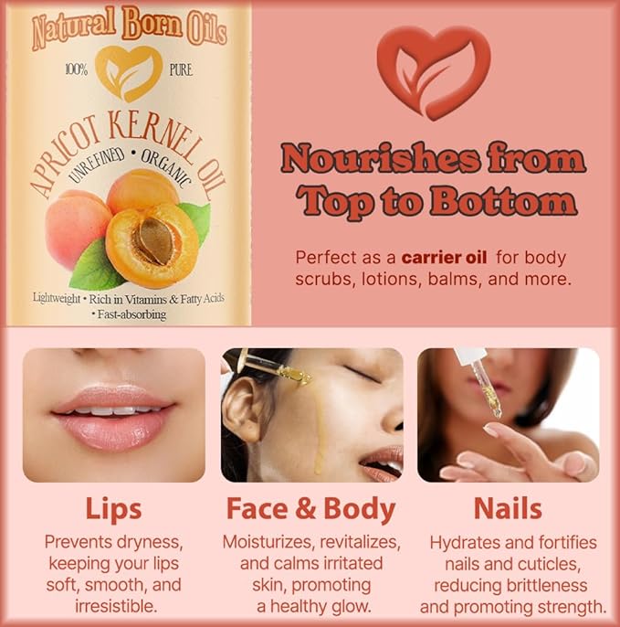 Natural Born Oils Apricot Kernel Oil. 16oz. 100% Pure and Natural, Cold-pressed, Organic Moisturizer Ideal for All Skin Types