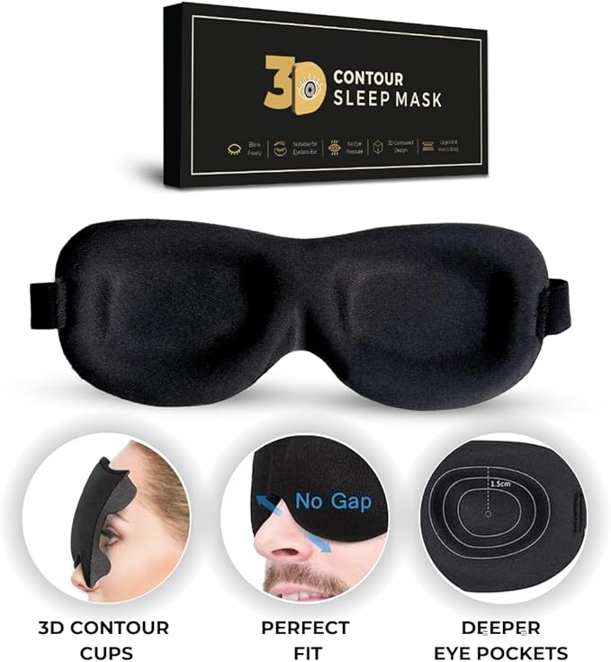 3D Contoured Eye Mask for Sleeping | Sleep Mask for Side Sleepers | Eyelash Extensions with Velcro Closure | Shade Cover | Eye Sleeping Mask | Flight Essential | Black | Concave Molded