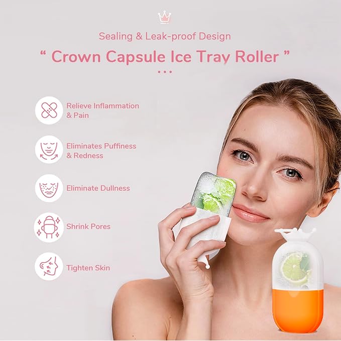 Ice Roller for Face and Eye, Face ice mold - Silicone Ice Mold for Face - Cold Facial Massage Roller Skin Care Tools for Eye Puffiness Relief, Brighten Lubricate Shrink Pores (Orange)