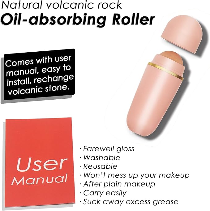 Oil-Absorbing Volcanic Face Roller, with Replaceable Stone Balls & EVA Carry Case, Reusable Facial Skincare Tool for At-Home or On-the-Go Massage, Instant Results Remove Excess Shiny