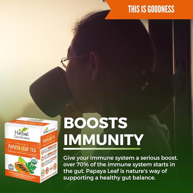 Organic Papaya Leaf Extract Tea For Platelets 24bags - Papaya Enzymes Natural Blood Platelet Tea - For Immune Gut & Digestive Health - Made in the USA