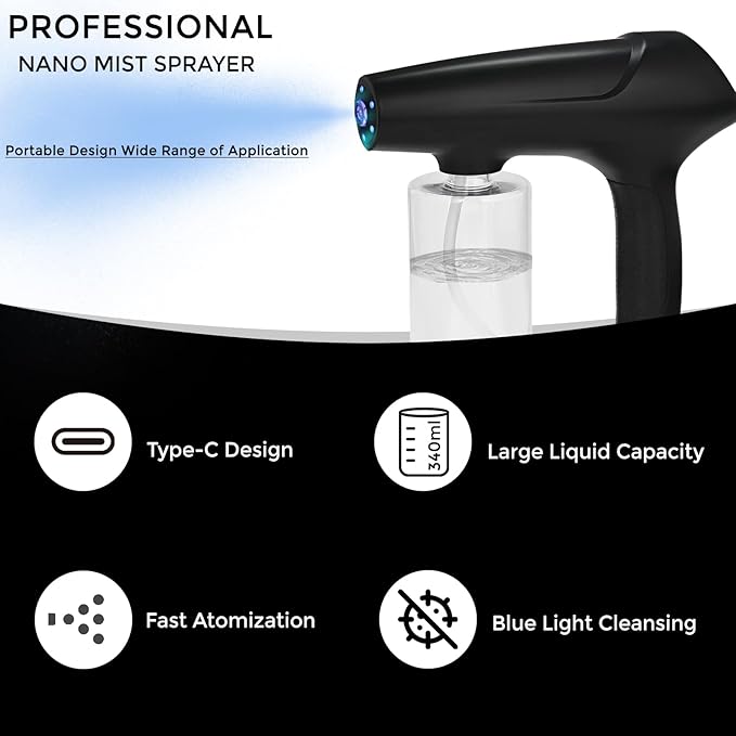 Barber Spray Bottle with Blue Light, Rechargeable Electrostatic Atomizer Sprayer, Nano Mist Sprayer for Stylist,Barber and Home Use