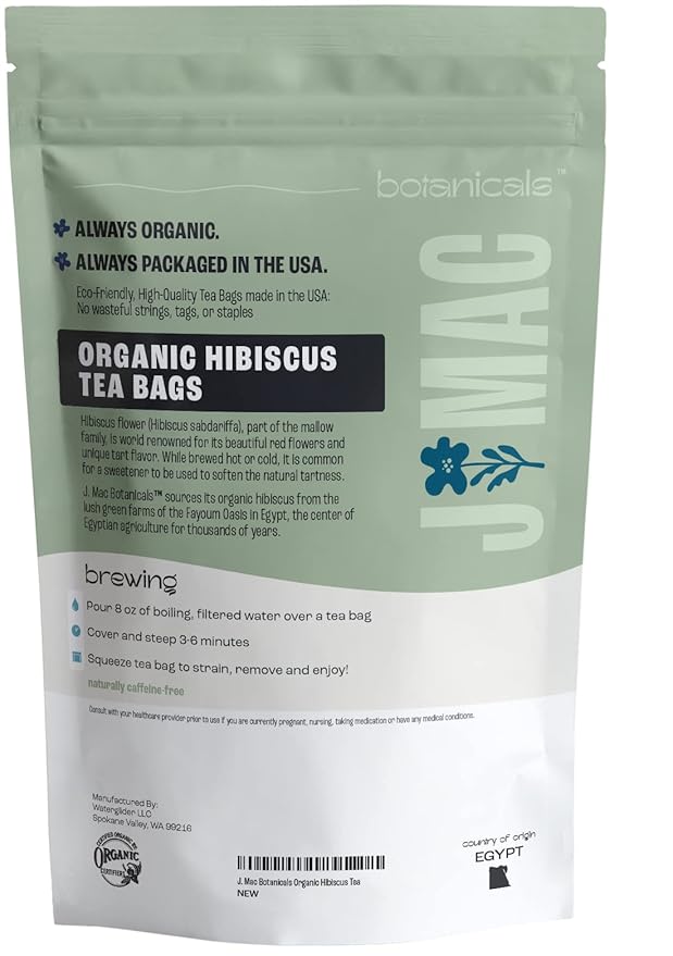 J Mac Botanicals, Organic Hibiscus Tea Bags (100 Count) - Certified by Organic Certifiers, Inc. - Quality Tea From Nile Valley, Egypt, Packaged in the USA