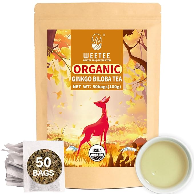 WT WEETEE Organic Ginkgo Biloba Tea Bags, Made with Pure Organic Ginkgo Leaf, 50 Naturally Caffeine-free Herbal Tea Bags, Rich in Antioxidants