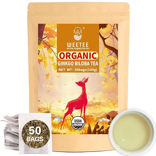 WT WEETEE Organic Ginkgo Biloba Tea Bags, Made with Pure Organic Ginkgo Leaf, 50 Naturally Caffeine-free Herbal Tea Bags, Rich in Antioxidants