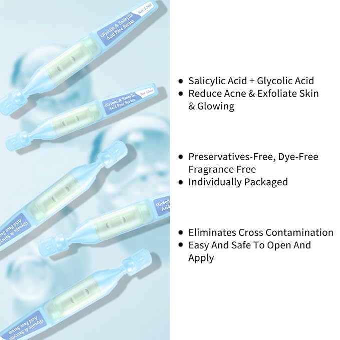 Salicylic Acid Serum for Face with Glycolic Acid, Azelaic Acid, Redness Relief, Hydrating & Smoothing Serum, Anti Aging Facial Serum, 30 Ampoules