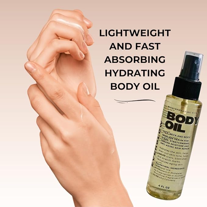 BODY OIL -Moisturizing Face, Neck and Body Skincare Serum for Scars, Stretchmarks, Uneven Skin Tone and Anti-Aging Skin Repair. All Natural 4oz Spray