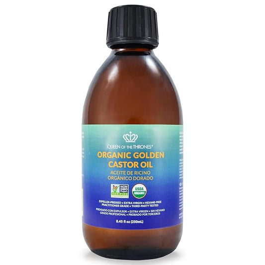 QUEEN OF THE THRONES Organic Golden Castor Oil | 100% Pure for Hair, Skin, Nails, Brows & Lashes | Hexane-Free | USDA Certified [8.4oz (250ml)]