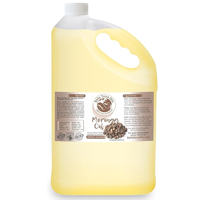 Bella Terra Oils Moringa Oil for Radiant Skin & Lustrous Hair – 1gallon, Antioxidant-Rich, Non-Greasy, Quick Absorption