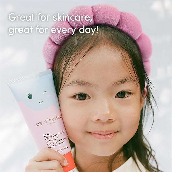 Evereden Kids Morning Skincare Set – Cloud Face Wash, SPF 20 Daily Face Cream, Hair Spray & Headband – 4-Piece Clean Routine, Vegan & Dermatologist-Tested