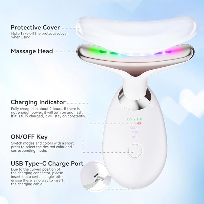 Neck Massager, 7-in-1 Multifunctional Facial Massager, Face Sculpting Tool for Skin Care, At-Home Face Tool with Vibration and Thermal, White