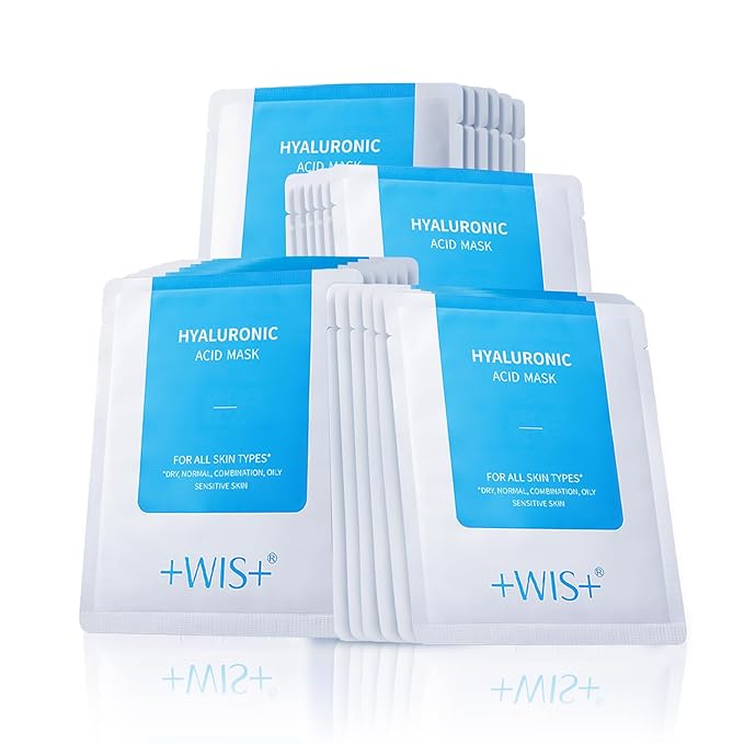 '+WIS+ Hyaluronic Acid Face Mask 24 EA with Hyaluronic Acid Serum and Vitamin B5, Hydrating Facial Mask for Dry Skin, Anti-Aging Mask to Plump and Repair Dehydrated Skin, Safe on Sensitive Skin