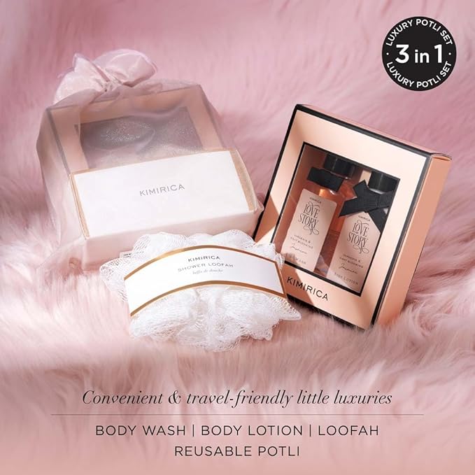 Nothing But Love Gift Set | Romantic Bath & Body Care Kit with Gardenia & Jasmine Fragrance | Includes Body Wash, Lotion & Loofah | Ideal Valentine’s Gift for Women & Men