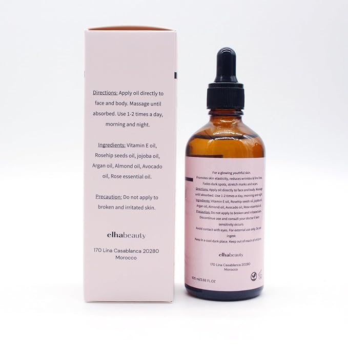 Elhabeauty Vitamin E Oil 70,000 IU, Face & Body Moisturizer, with Rosehip, Jojoba, Almond and Avocado Oils, for a firm and healthy Skin, 3.88 fl oz