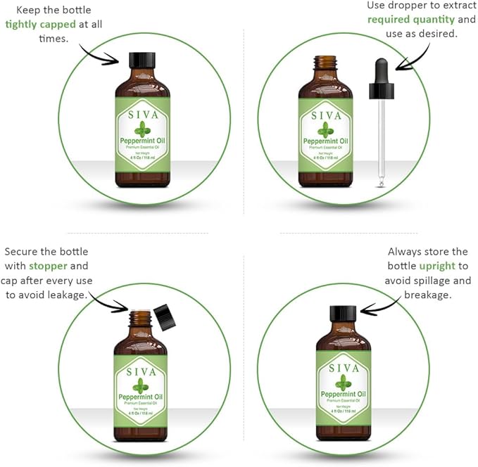 SIVA Peppermint Essential Oil - 4 Fl Oz – Natural Peppermint Oil - for Diffuser, Face, Skin Care, Aromatherapy, Hair Care, Scalp and Body Massage - with Dropper